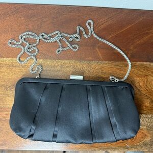 Nina Black Satin Clutch with Silver Chain